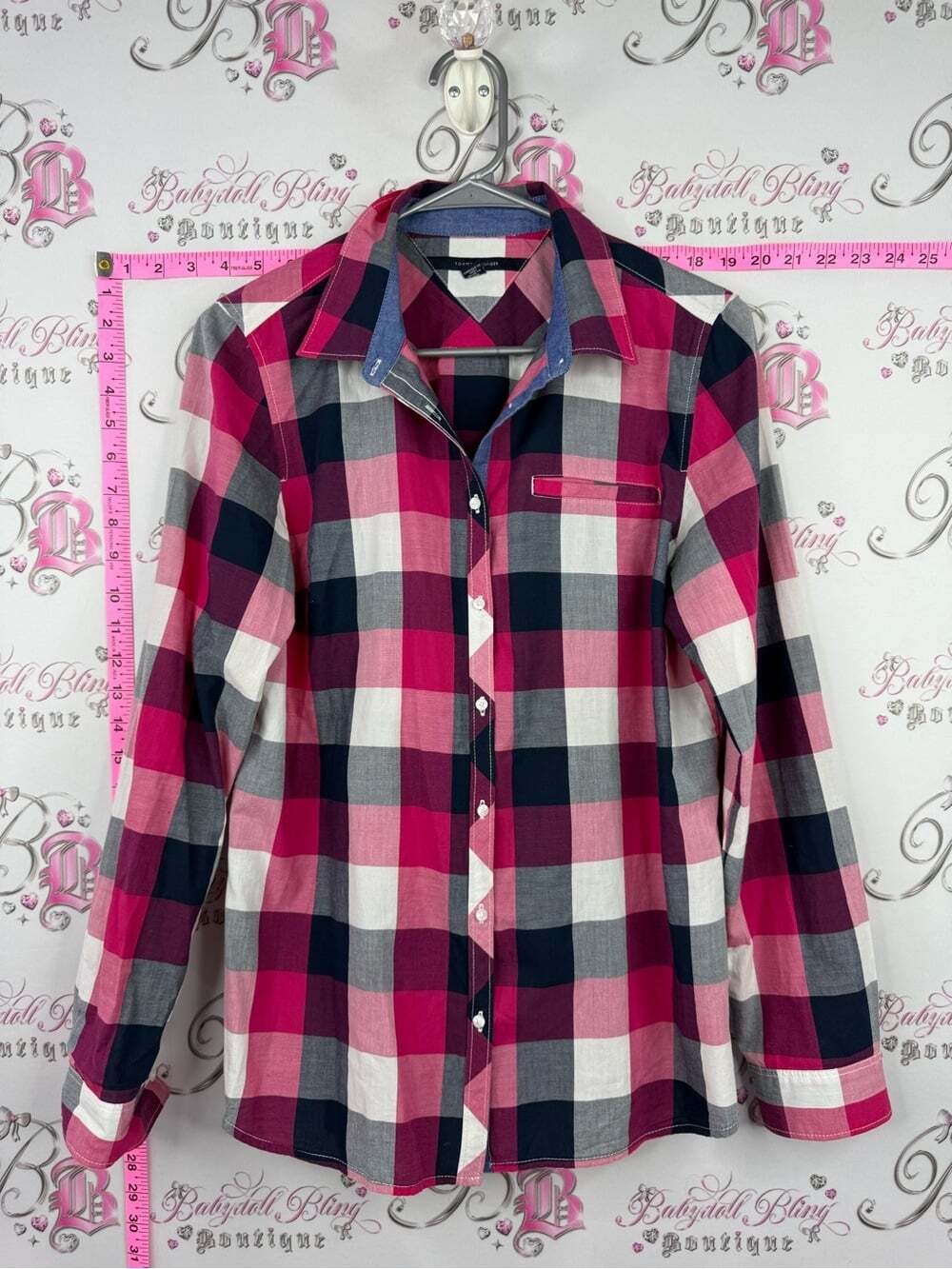 Tommy Hilfiger dress shirt white Pink Navy and White Plaid Button-Down Shirt
